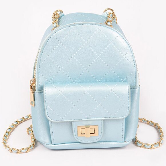 Quilted Puffer Backpack in Shiny Sky / Baby Blue W/ Gold Rope Straps - NWT - Picture 1 of 8